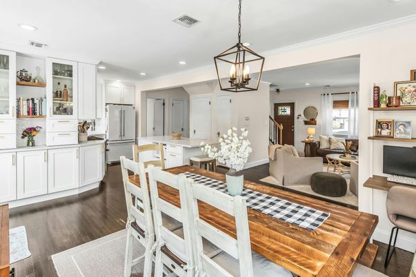 Dining room, Interior, Kitchen, Living room, Pendant Lights, Recessed Lighting, Wood Texture Flooring