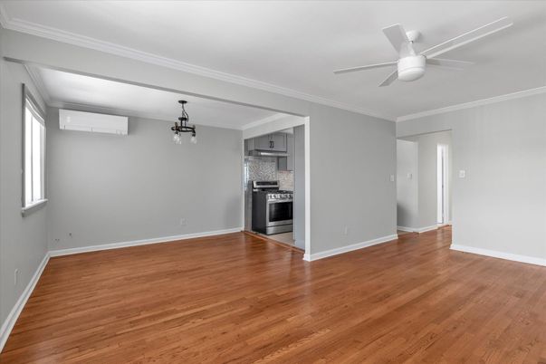 Empty room, Interior, Kitchen, Stainless Steel Appliances, Wood Texture Flooring