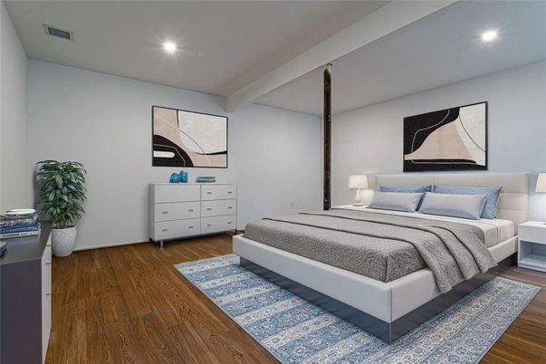 Bedroom, Interior, Recessed Lighting, Wood Texture Flooring
