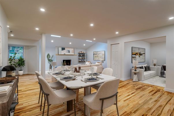 Dining room, Fireplace, Interior, Living room, Recessed Lighting, Wood Texture Flooring