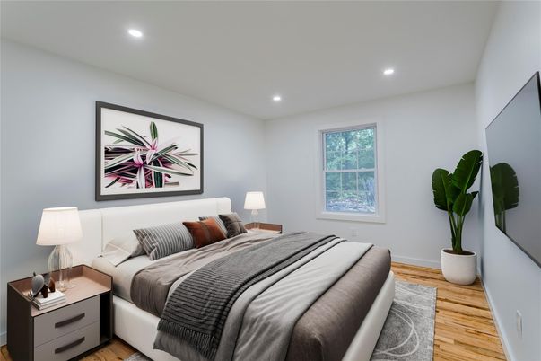 Bedroom, Interior, Recessed Lighting, Wood Texture Flooring