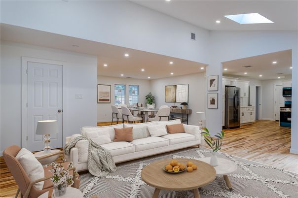 Dining room, Interior, Kitchen, Living room, Recessed Lighting, Stainless Steel Appliances, Wood Texture Flooring