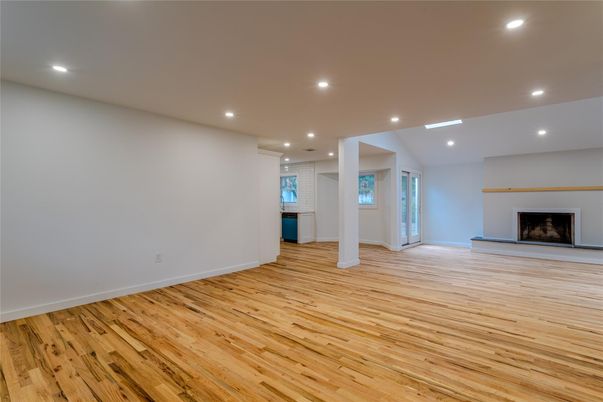 Empty room, Fireplace, Interior, Recessed Lighting, Wood Texture Flooring