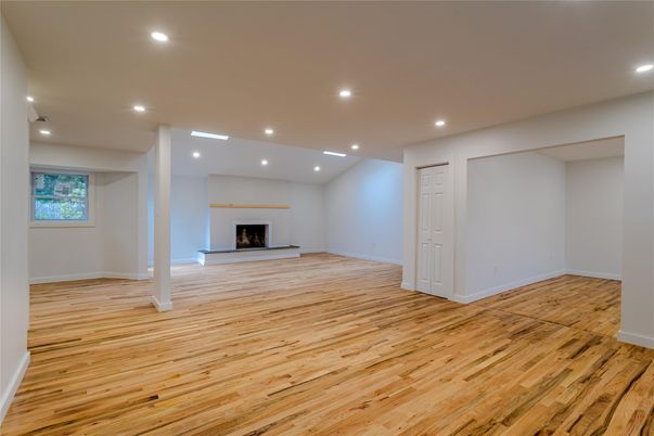 Empty room, Fireplace, Interior, Recessed Lighting, Wood Texture Flooring