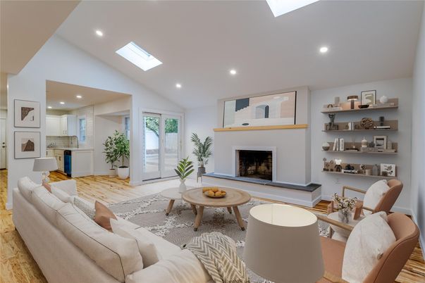 Fireplace, Interior, Kitchen, Living room, Recessed Lighting, Wood Texture Flooring