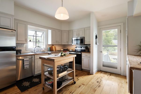 Interior, Kitchen, Pendant Lights, Stainless Steel Appliances, Wood Texture Flooring