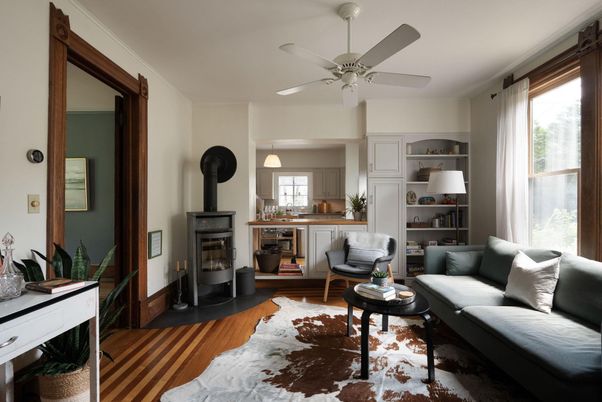 Fireplace, Interior, Living room, Pendant Lights, Wood Texture Flooring