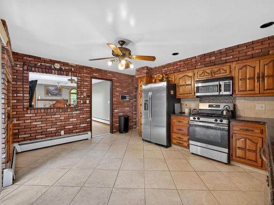 Interior, Kitchen, Stainless Steel Appliances, Stone Walls