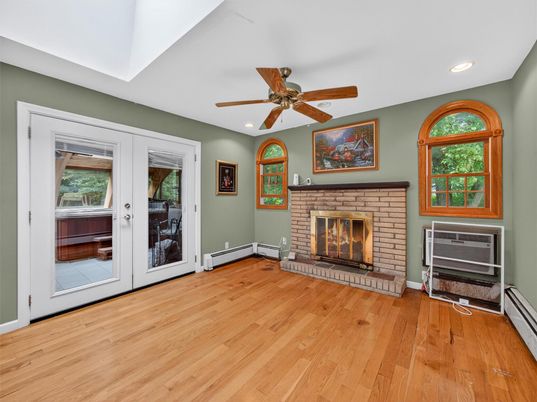 Empty room, Fireplace, Interior, Recessed Lighting, Wood Texture Flooring