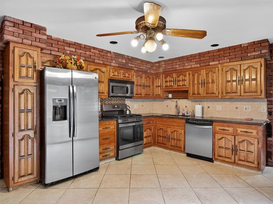 Interior, Kitchen, Stainless Steel Appliances, Stone Walls