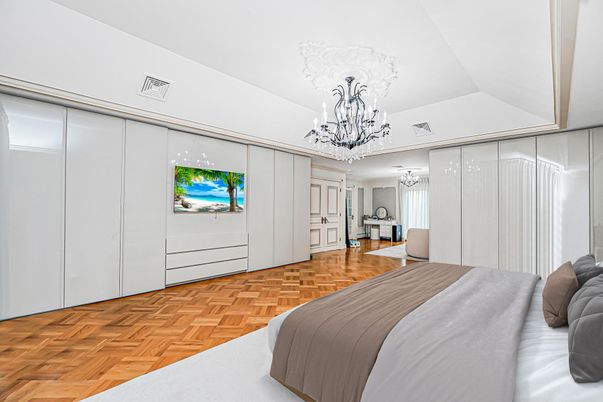 Bedroom, Chandelier, Interior, Wood Texture Flooring