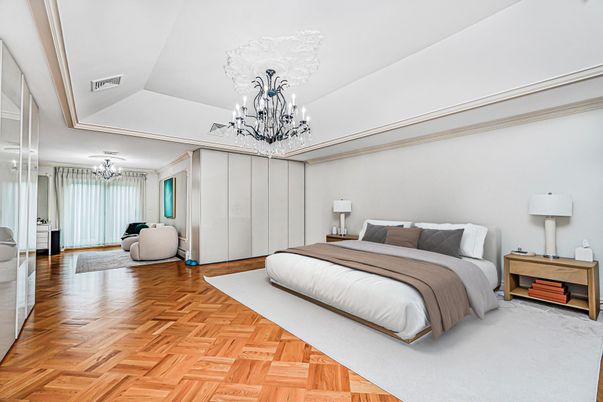 Bedroom, Chandelier, Interior, Wood Texture Flooring