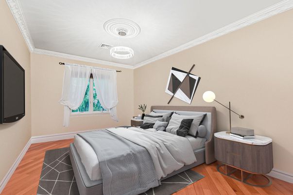 Bedroom, Interior, Pendant Lights, Wood Texture Flooring