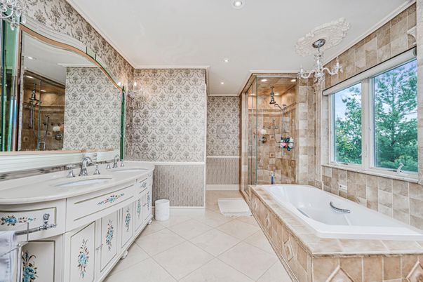 Bathroom, Dual Sink Vanities, Glass Shower, Interior, Recessed Lighting