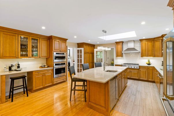 Chandelier, Interior, Kitchen, Recessed Lighting, Stainless Steel Appliances, Wood Texture Flooring