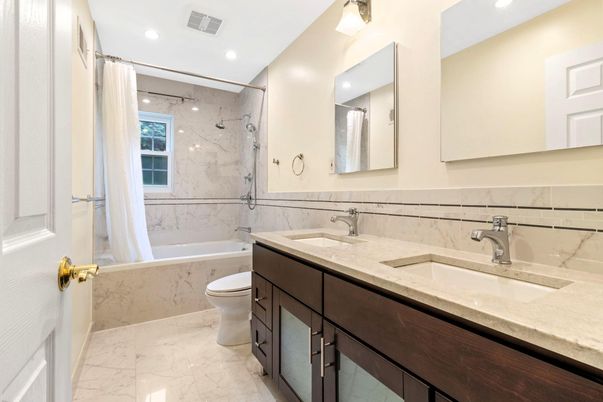 Bathroom, Dual Sink Vanities, Interior, Marble, Marble Walls, Recessed Lighting