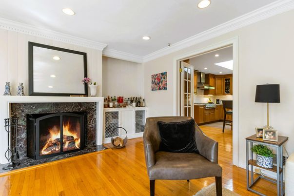 Fireplace, Interior, Kitchen, Recessed Lighting, Wood Texture Flooring