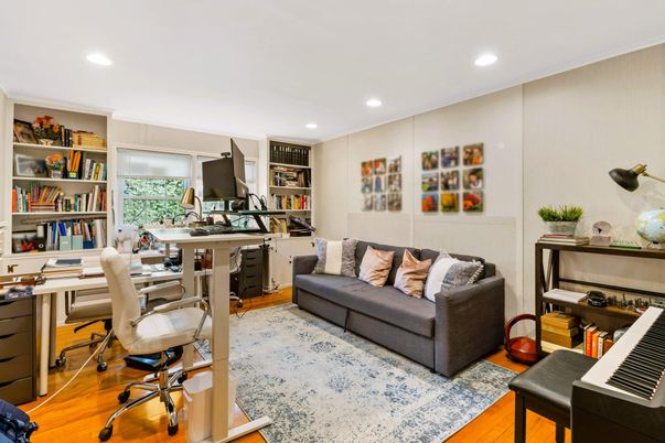 Home Office, Interior, Piano, Recessed Lighting, Wood Texture Flooring