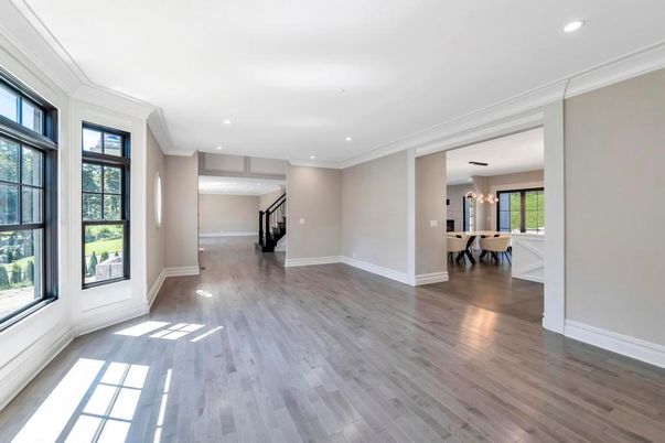 Dining room, Empty room, Interior, Pendant Lights, Recessed Lighting, Wood Texture Flooring
