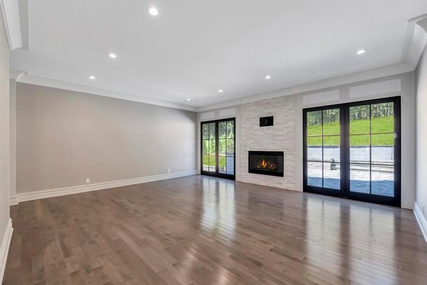 Empty room, Fireplace, Interior, Recessed Lighting, Wood Texture Flooring