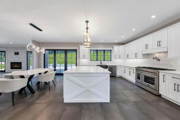 Dining room, Fireplace, Interior, Kitchen, Pendant Lights, Recessed Lighting, Stainless Steel Appliances