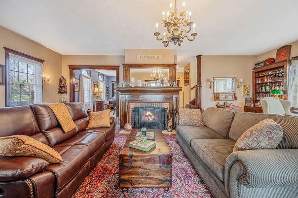 Chandelier, Fireplace, Interior, Living room