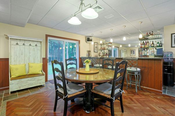 Dining room, Interior, Pendant Lights, Wood Texture Flooring