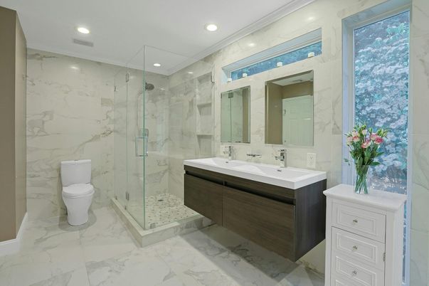 Bathroom, Glass Shower, Interior, Marble, Marble Walls, Recessed Lighting
