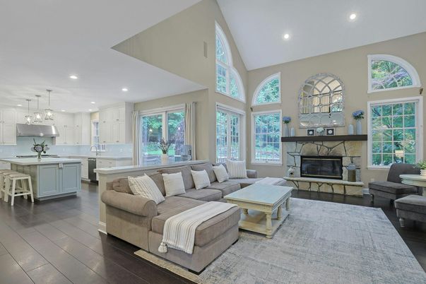 Fireplace, Interior, Kitchen, Living room, Pendant Lights, Recessed Lighting, Wood Texture Flooring