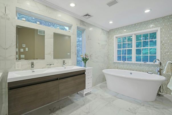 Bathroom, Dual Sink Vanities, Free Standing Baths, Interior, Marble, Marble Walls, Recessed Lighting