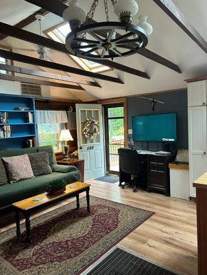 Home Office, Interior, Living room, Pendant Lights, Wooden Beams, Wood Texture Flooring
