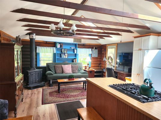 Chandelier, Fireplace, Interior, Kitchen, Living room, Wooden Beams, Wood Texture Flooring
