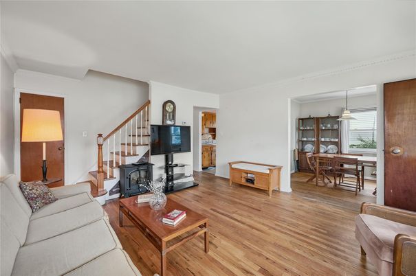 Dining room, Fireplace, Interior, Living room, Pendant Lights, Wood Texture Flooring