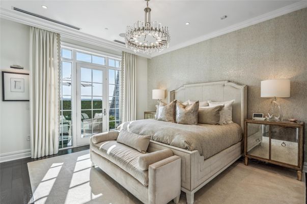 Bedroom, Chandelier, Interior, Recessed Lighting, Wood Texture Flooring