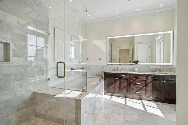 Bathroom, Dual Sink Vanities, Glass Shower, Interior, Marble, Marble Walls, Recessed Lighting