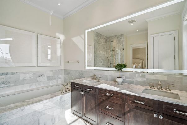 Bathroom, Dual Sink Vanities, Glass Shower, Interior, Marble, Recessed Lighting