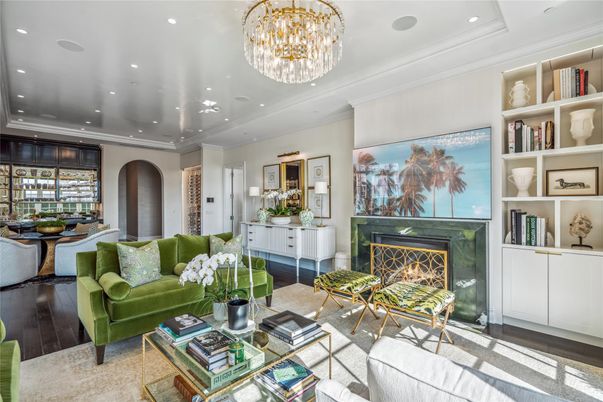 Chandelier, Fireplace, Interior, Living room, Recessed Lighting, Wood Texture Flooring