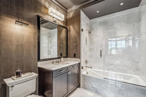 Bathroom, Glass Shower, Interior, Marble, Marble Walls, Recessed Lighting