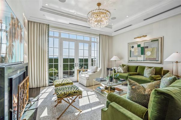 Chandelier, Fireplace, Interior, Living room, Recessed Lighting, Wood Texture Flooring