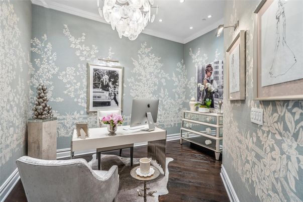 Chandelier, Home Office, Interior, Recessed Lighting, Wood Texture Flooring