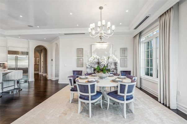 Chandelier, Dining room, Interior, Kitchen, Recessed Lighting, Stainless Steel Appliances, Wood Texture Flooring