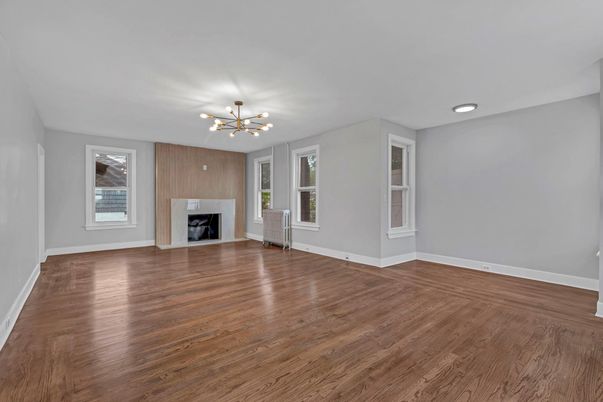 Empty room, Fireplace, Interior, Pendant Lights, Wood Texture Flooring, Wooden Walls