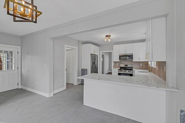 Interior, Kitchen, Marble, Pendant Lights, Stainless Steel Appliances