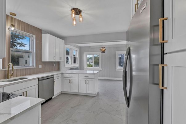 Interior, Kitchen, Marble, Pendant Lights, Stainless Steel Appliances