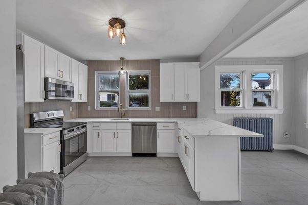 Interior, Kitchen, Marble, Pendant Lights, Stainless Steel Appliances
