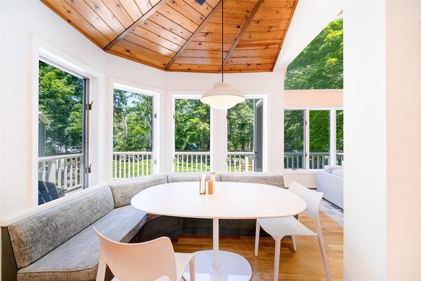 Dining room, Interior, Pendant Lights, Sun Room, Wooden Ceilings, Wood Texture Flooring