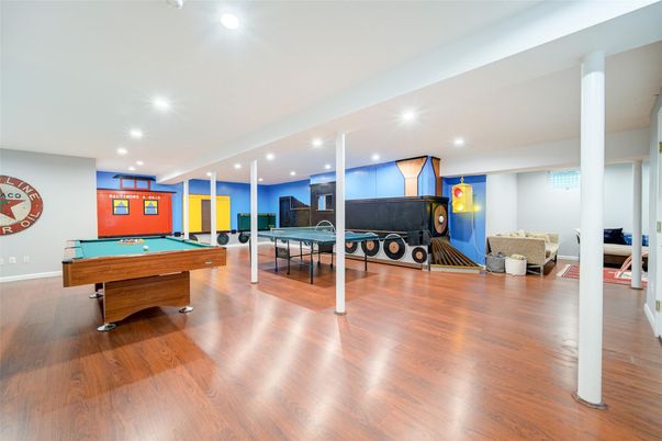 Billiard Table, Game Room, Interior, Recessed Lighting, Wood Texture Flooring
