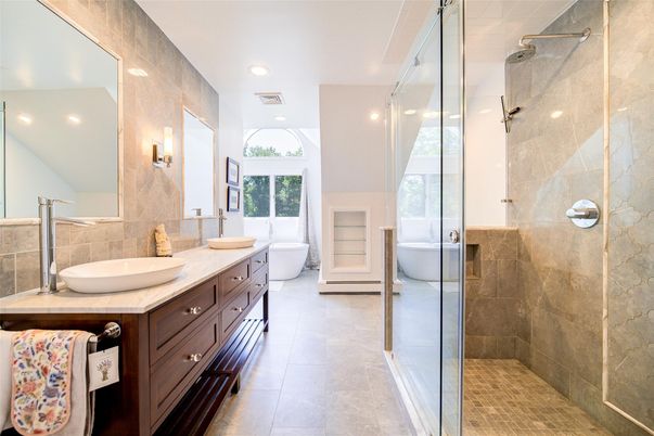 Bathroom, Dual Sink Vanities, Glass Shower, Interior, Recessed Lighting