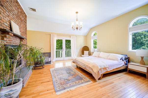 Bedroom, Chandelier, Interior, Stone Walls, Wood Texture Flooring