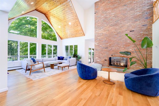 Fireplace, Interior, Living room, Recessed Lighting, Stone Walls, Wooden Ceilings, Wood Texture Flooring